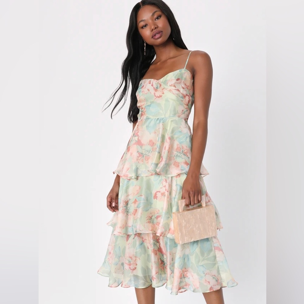Darling Aesthetic Green Floral Print Tiered Midi Dress